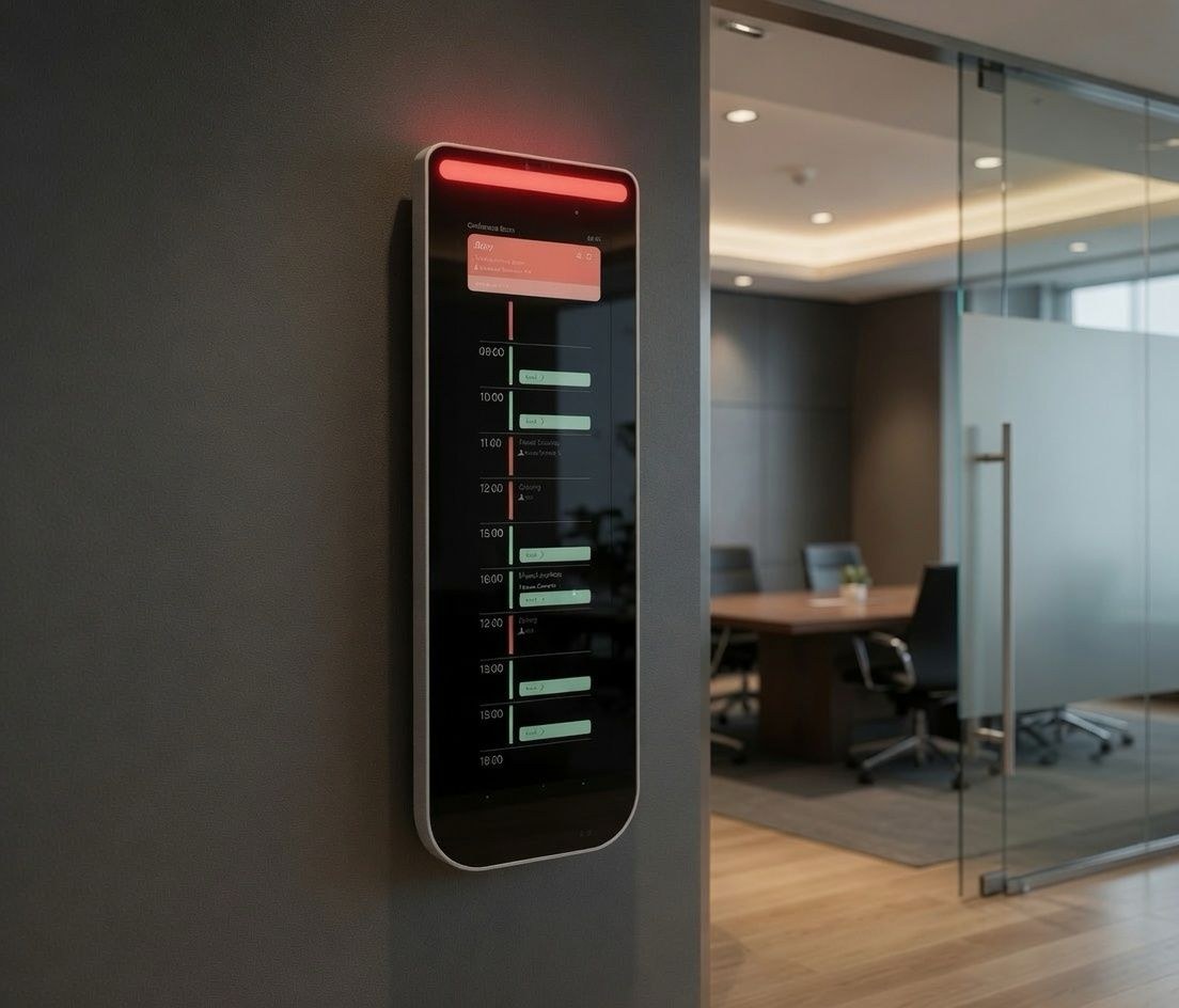 Skedway Arc Timeline mounted beside a glass meeting room